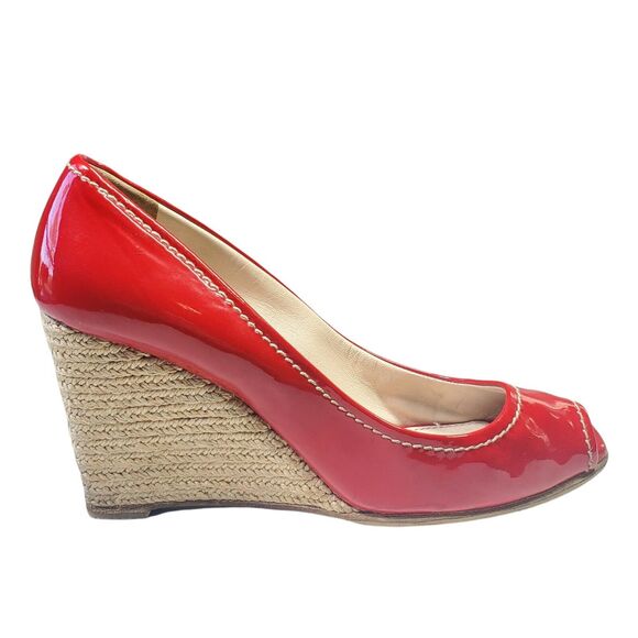 Prada Red Patent Leather Wedge Peep Toe Heels Women Shoe 36.5 US 6.5 - Picture 1 of 12